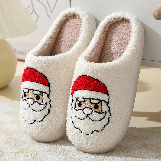 Christmas Home Slippers Cute Cartoon Santa Clause Cotton Slippers For Women And Men Couples Winter Warm Furry Shoes